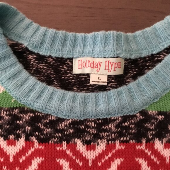 Holiday Hype Cat Christmas Sweater Pom Pom Hat Multicolor Fair Isle Festive Sz L - Picture 7 of 11